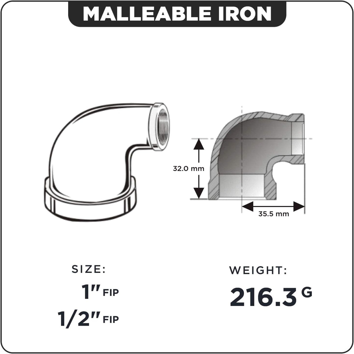 Supply Giant CNSM1002 1" x 1/2" Reducing Malleable Iron Elbow for High Pressures with Female Thread Fittings and Black Finish