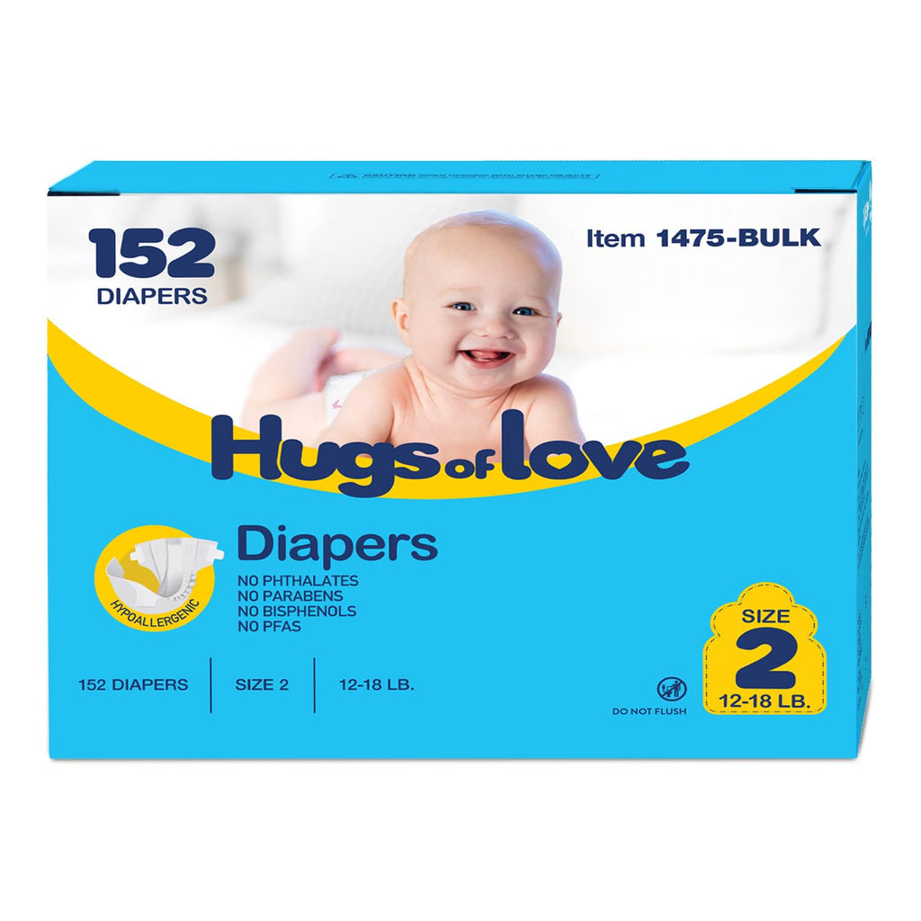 Hugs-of-Love Diapers Size 2 (12-18 lb) Baby Diapers - High Absorbency, Leak Protection, Soft Comfort, 152 Diapers per