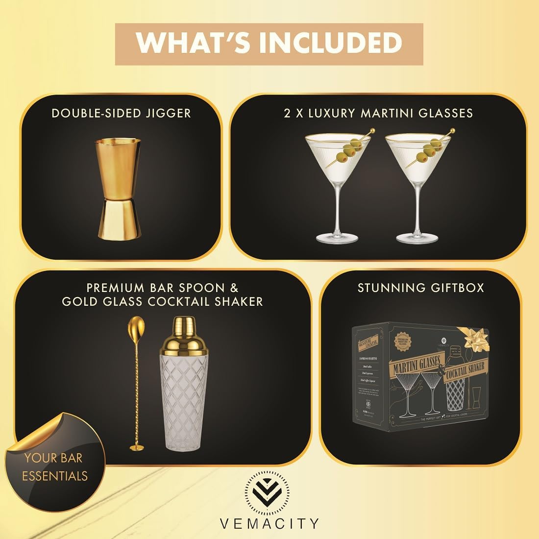 Gold Cocktail Shaker Set + 2 Ribbed Martini Glasses & Bar Tools