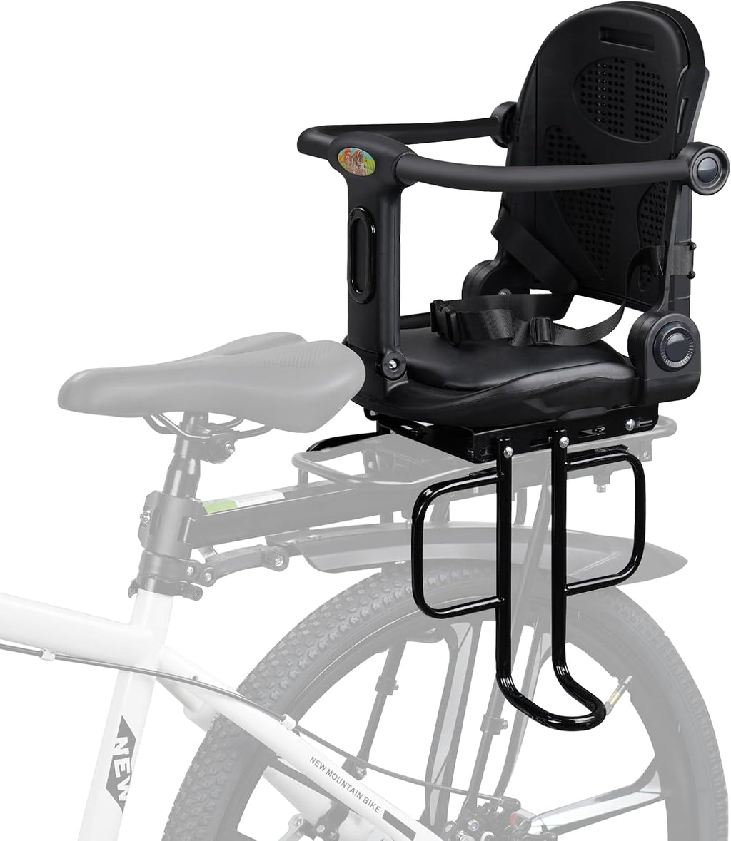 Rear Child Bike Seat, Rear Wraparound Kid Bike Seat Adjustable Backrest Arc Height with Harness and Pedals, Toddler