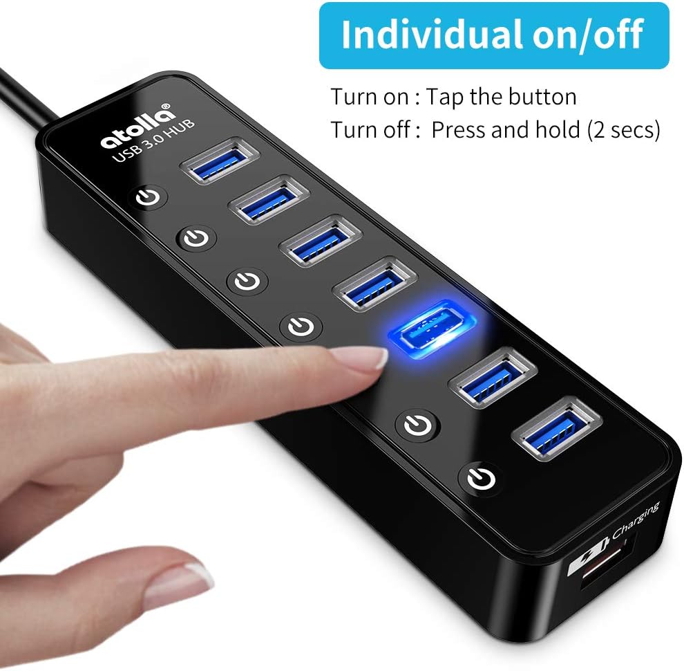 Powered USB Hub 3.0, Atolla 7-Port USB Data Hub Splitter with One Smart Charging Port and Individual On/Off Switches