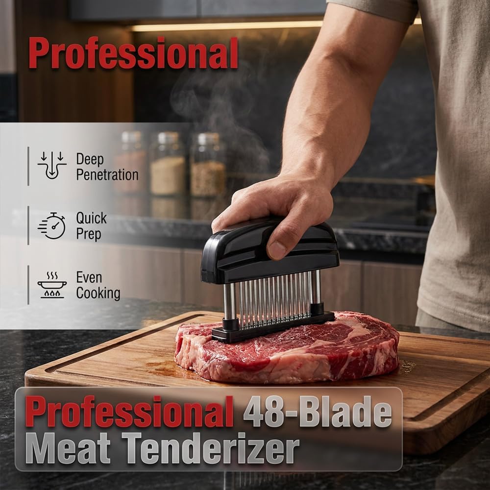 Professional Spring-Loaded Meat Tenderizer, 2026 Upgrade Meat Tenderizer Tool with 48 Stainless Steel Sharp Needle