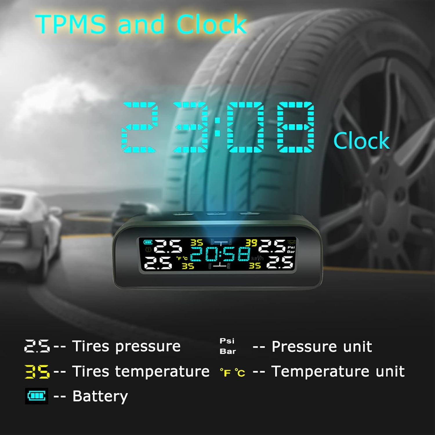 Tire Pressure Monitoring System Wireless Solar TPMS, Tire Pressure Monitor with 4 Sensors Real-time Display