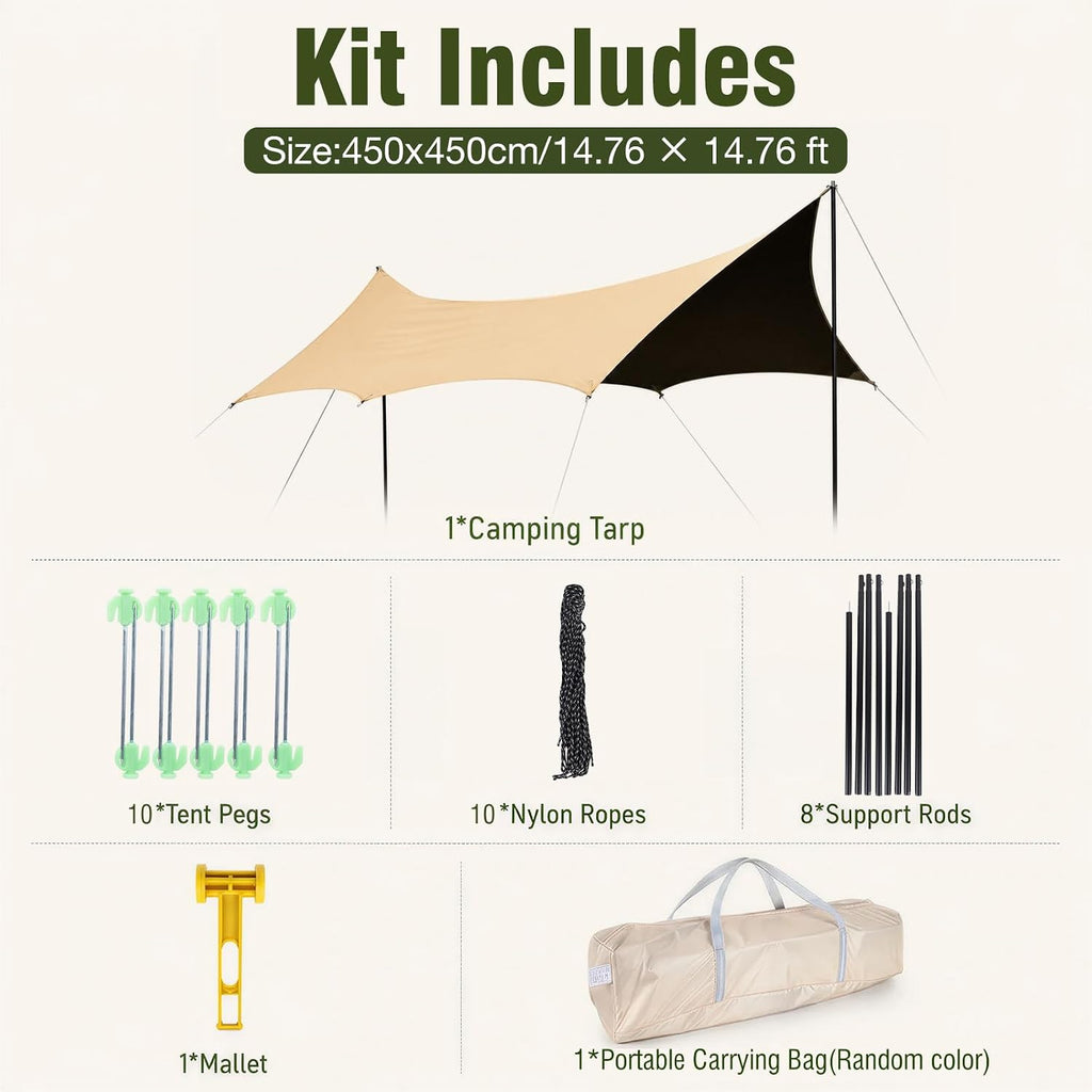 Waterproof Camping Tarp Hammock Rain Fly -14.7×14.7ft with 2 Poles, Mutifunctional Tent UV Protection & Waterproof &