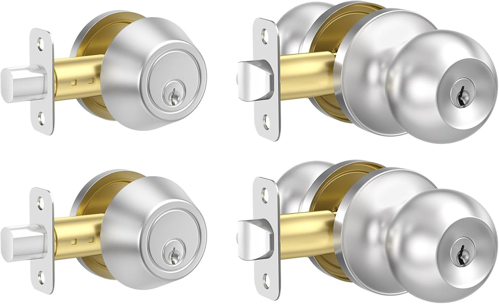 2 Pack Exterior Door Lock Set with Deadbolt Lock, Keyed Alike Satin Nickel Entry Door Knobs and Single Cylinder