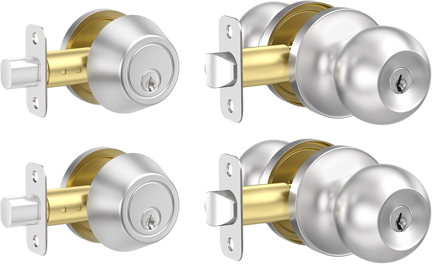 2 Pack Exterior Door Lock Set with Deadbolt Lock, Keyed Alike Satin Nickel Entry Door Knobs and Single Cylinder