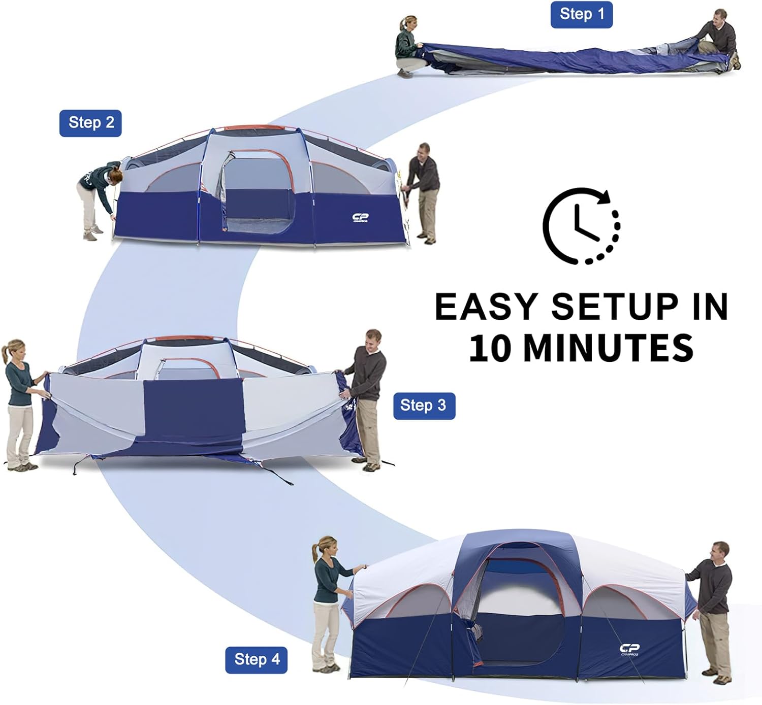 8 Person Camping Tent, Room Divider, Rainfly, Weather Resistant | Family tent with 5 large mesh windows, double-layer