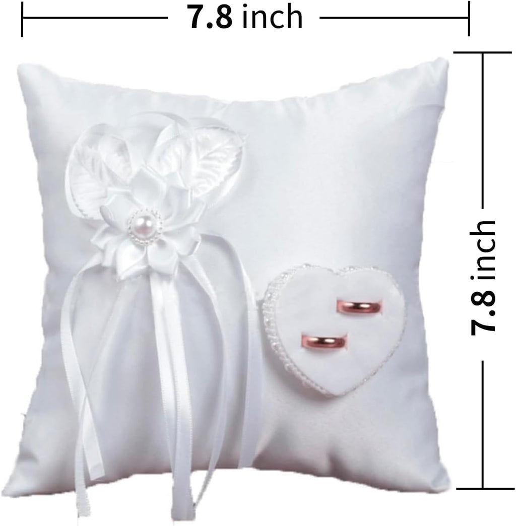 Wedding Ring Bearer Pillow, Ring Cushion White Lace Floral Bow and Heart Ring Holder Box for Wedding Ceremony 7.8 x