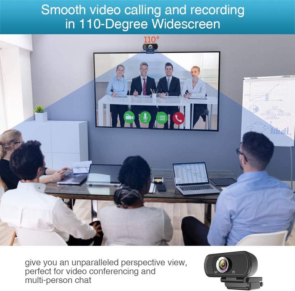 1080P Webcam with Microphone, HD Web Camera with Tripod Stand, Auto Light Correction, Privacy Cover, 110° FOV