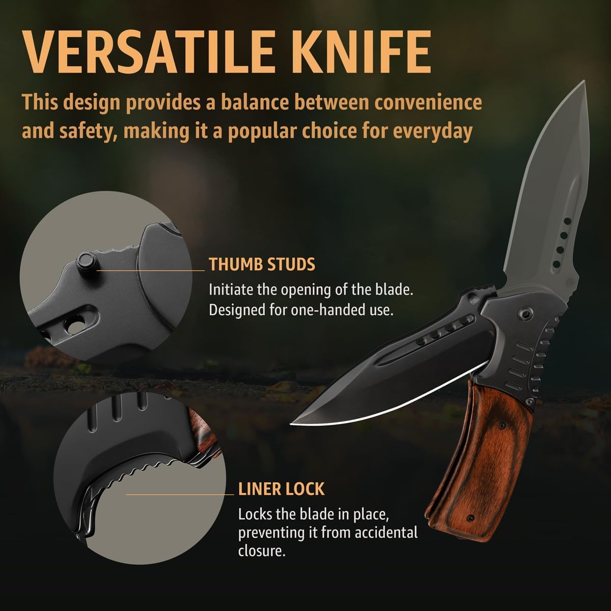 Spring Assisted Pocket Knife with Wood Handle & Glass Breaker & Pocket Clip - 3.66" Sharp Blade - Tactical Folding