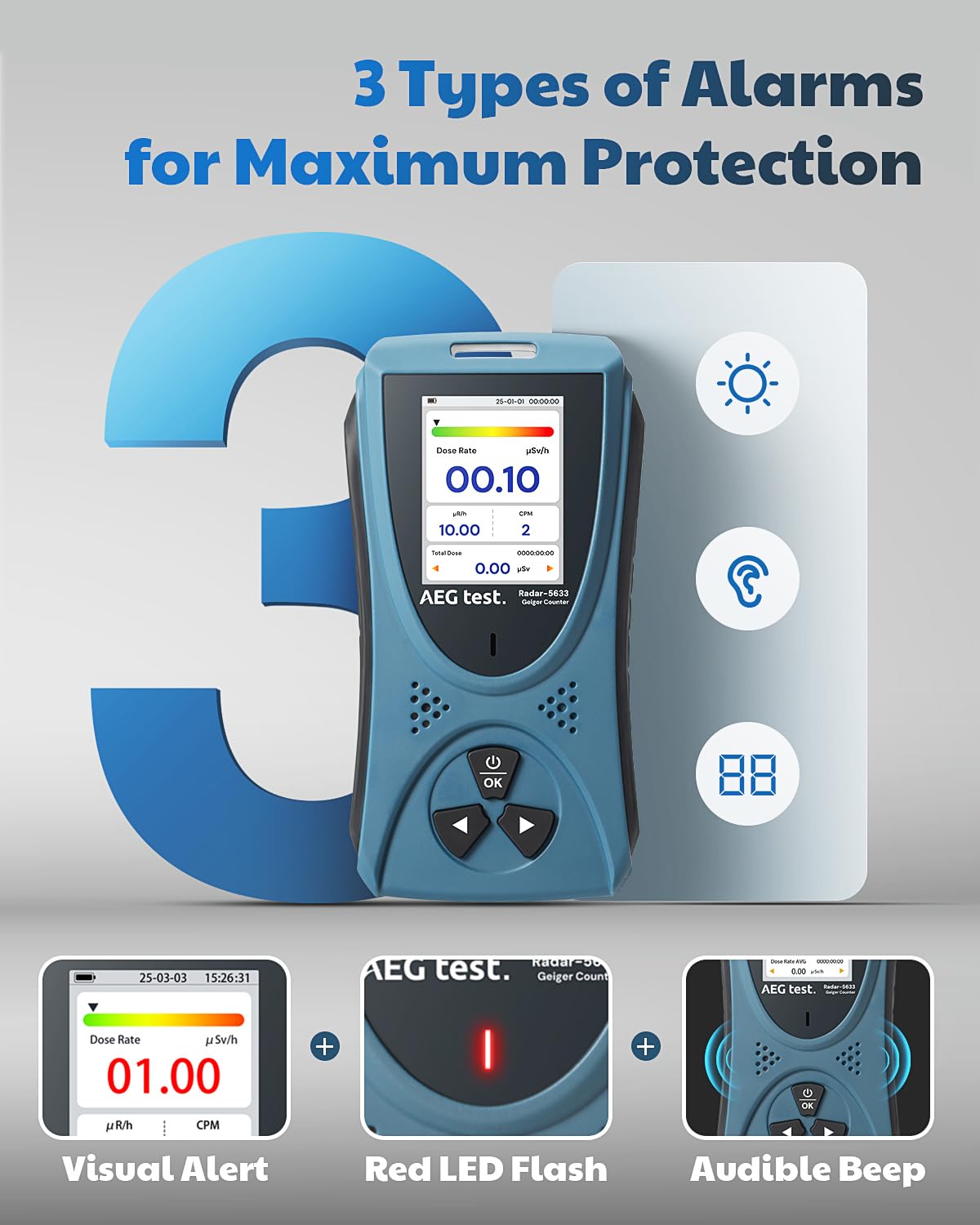 Radiation Detector AEGTEST Radar-5633 Portable Nuclear Radiation Detector with LCD Screen, Rechargeable Dosimeter for