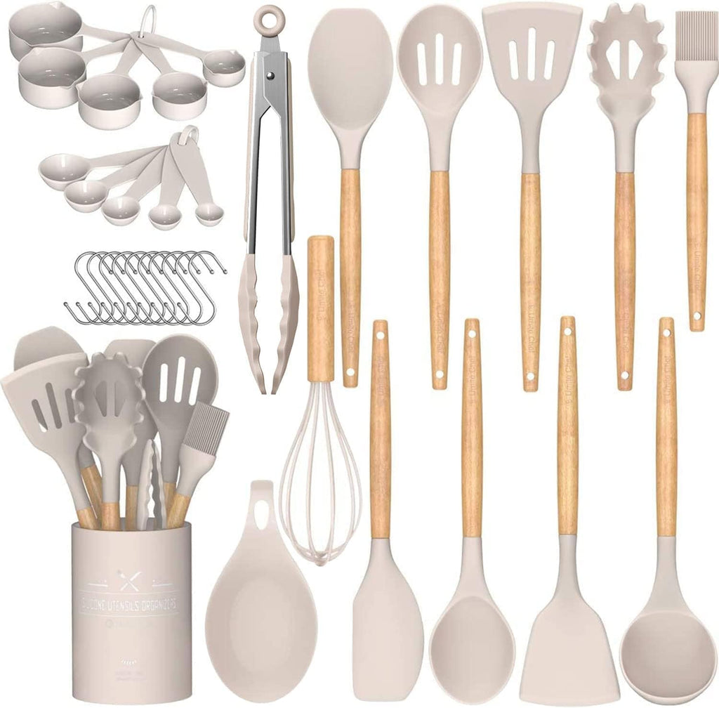 Kitchen Cooking Utensils Set, 33 pcs Non-Stick Silicone Cooking Kitchen Utensils Spatula Set with Holder, Wooden