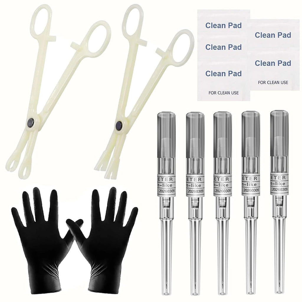 Piercing Kit - 14PCS Includeds 5PCS Mixed 16G Catheter Piercing 2PCS Piercing Clamps 5Pcs Clean Tools 2 Gloves Belly