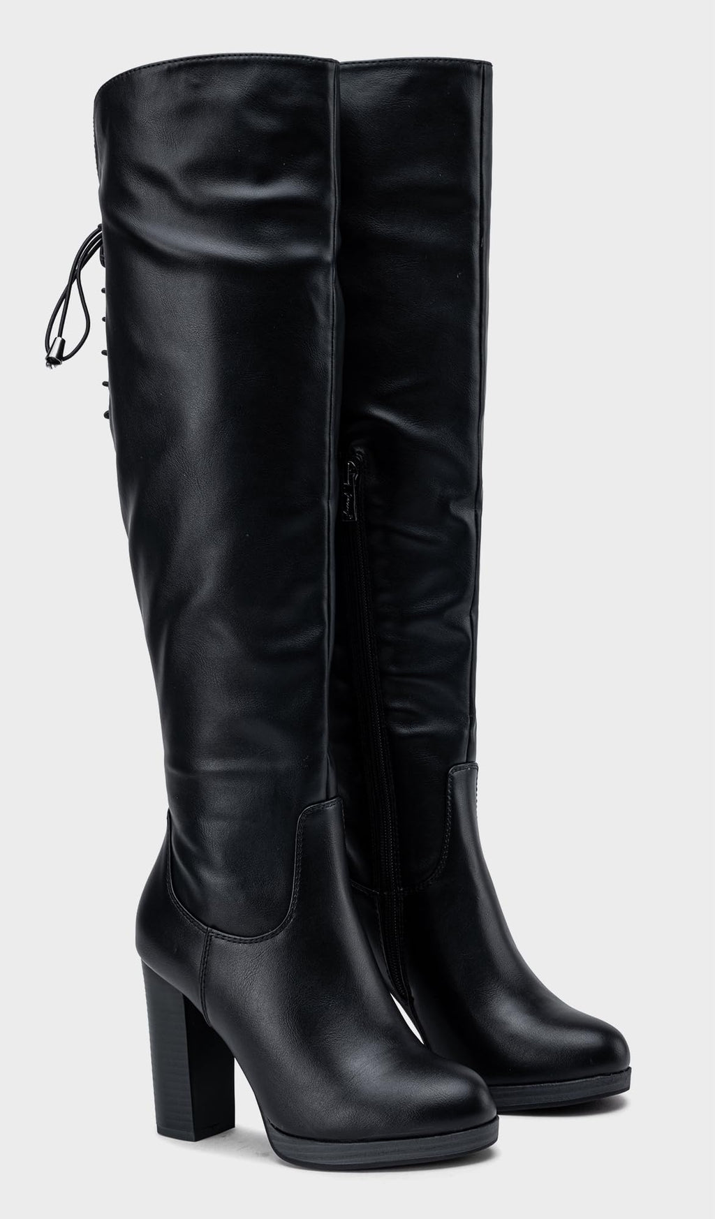 Women's Black PU Thigh High Chunky Platform Boots Size 8.5, 997