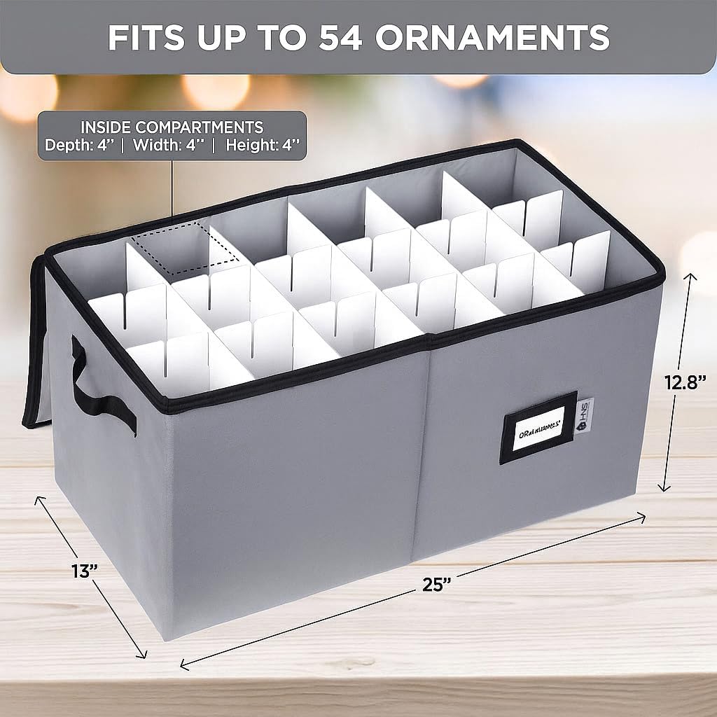 Christmas Ornament Storage Container with Dividers - Box Stores Up to 54 Ornaments, Zippered, Convenient, Adjustable