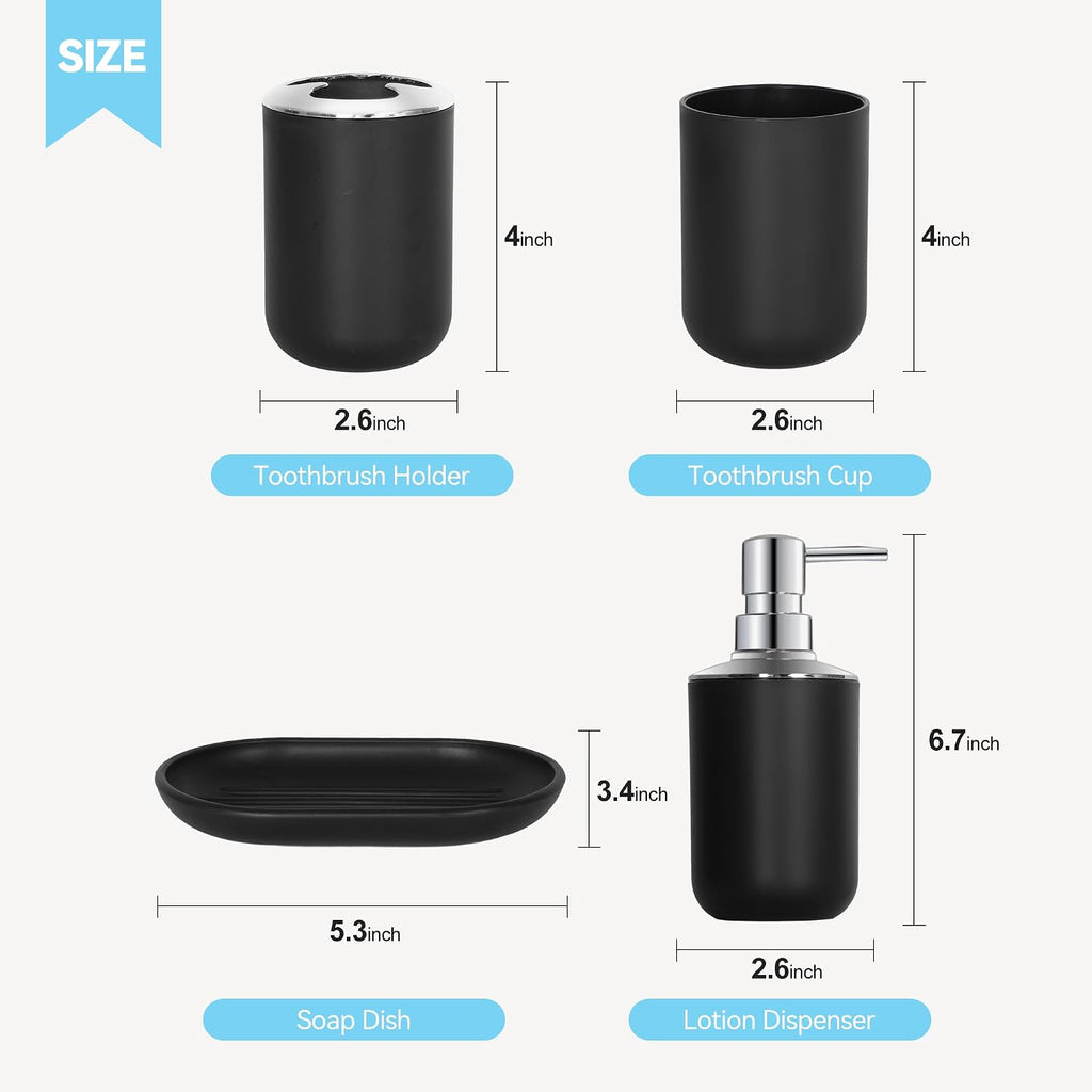 Black Bathroom Accessories Set 4 PCS, Black Bathroom Accessories | Plastic Soap Dispenser and Toothbrush Holder Set