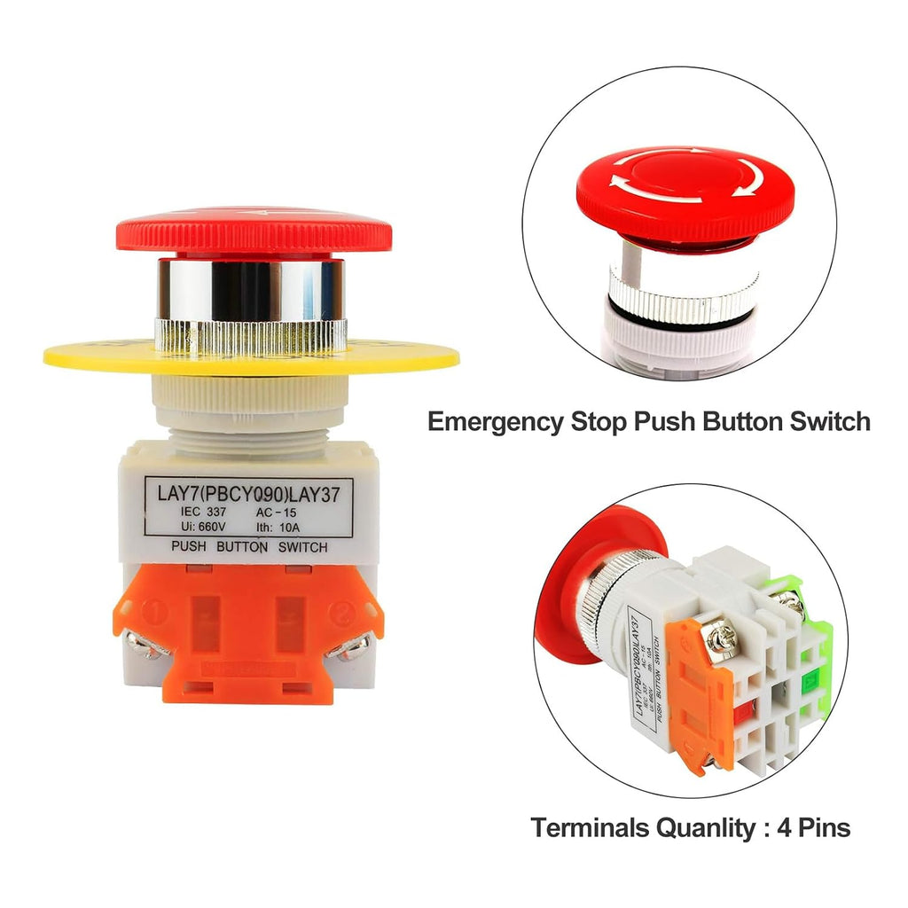 22mm Emergency Stop Push Button Switch Red Mushroom Cap E-Stop Push Button Switch with 60mm Emergency Stop Sign 1NO 1NC DPST AC 660V 10A Self Lock (2PCS)