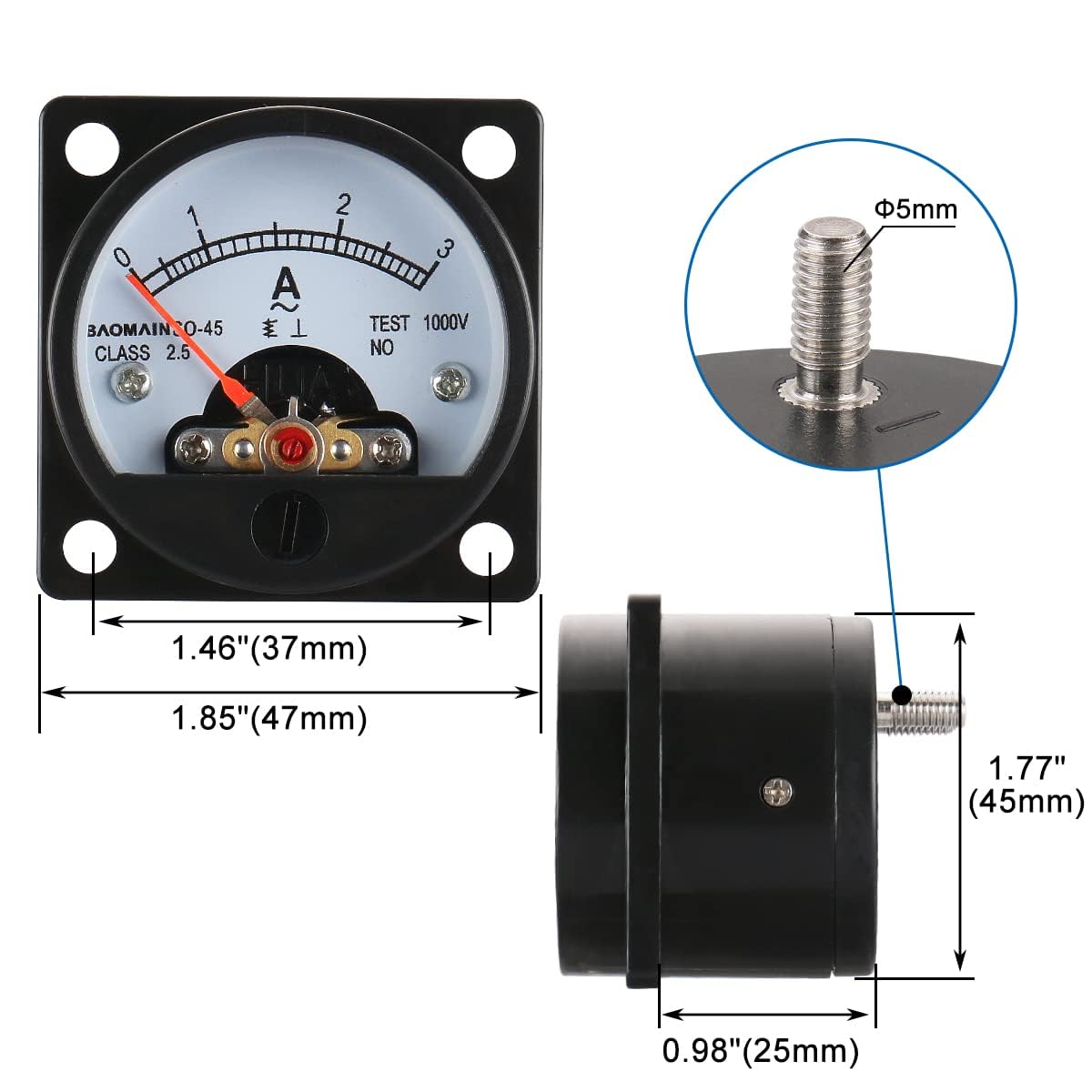 BAOMAIN SO-45 AC 0-3A Class 2.5 Analog Panel Amp Ammeter