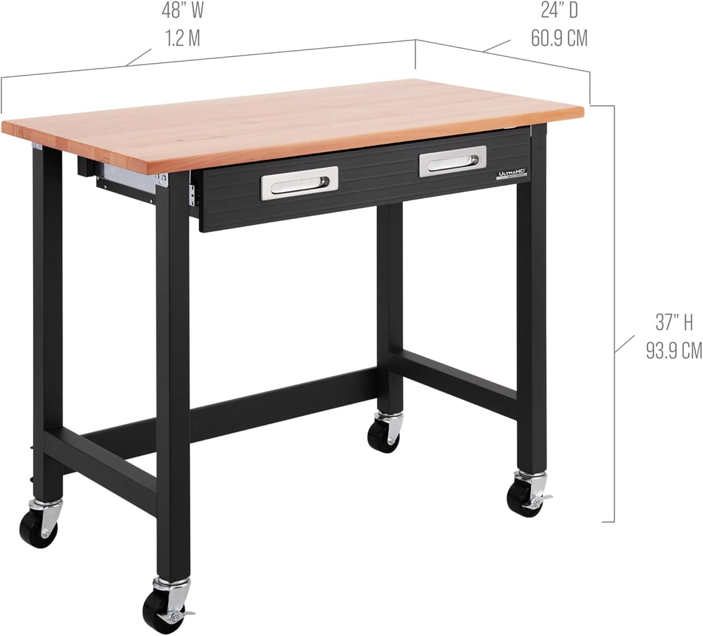 UltraGraphite Wood Top Workbench on Wheels with Sliding Organizer Drawer Table, 48", Graphite