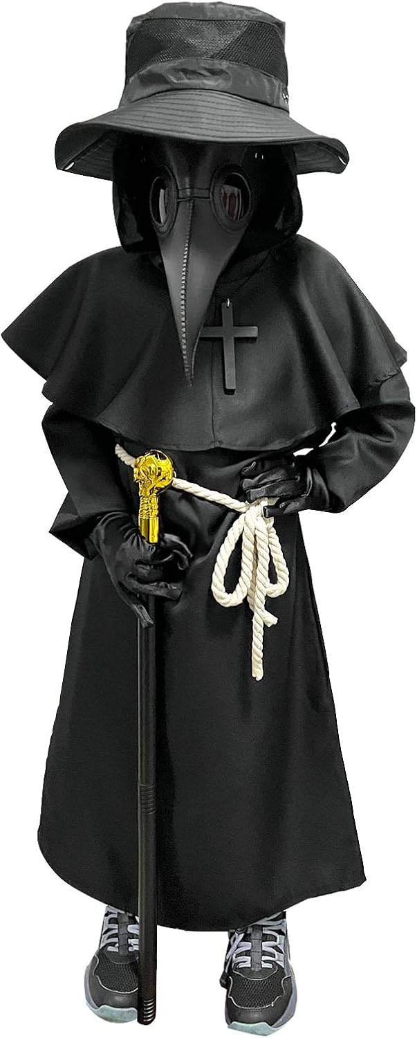 Plague Doctor Costume Kids Scary Halloween Costumes Outfits 130 | Halloween Mask Hat Cane Robe Hood Goves