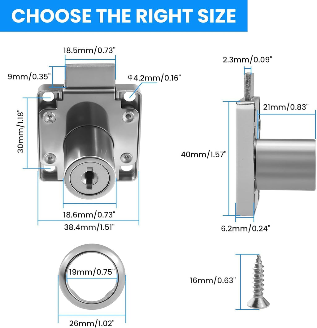 Drawer Lock with Keys and Matching Screws | for Cabinet / Wardrobe / Cupboard / Office Desk etc. (Cylinder Cam Length