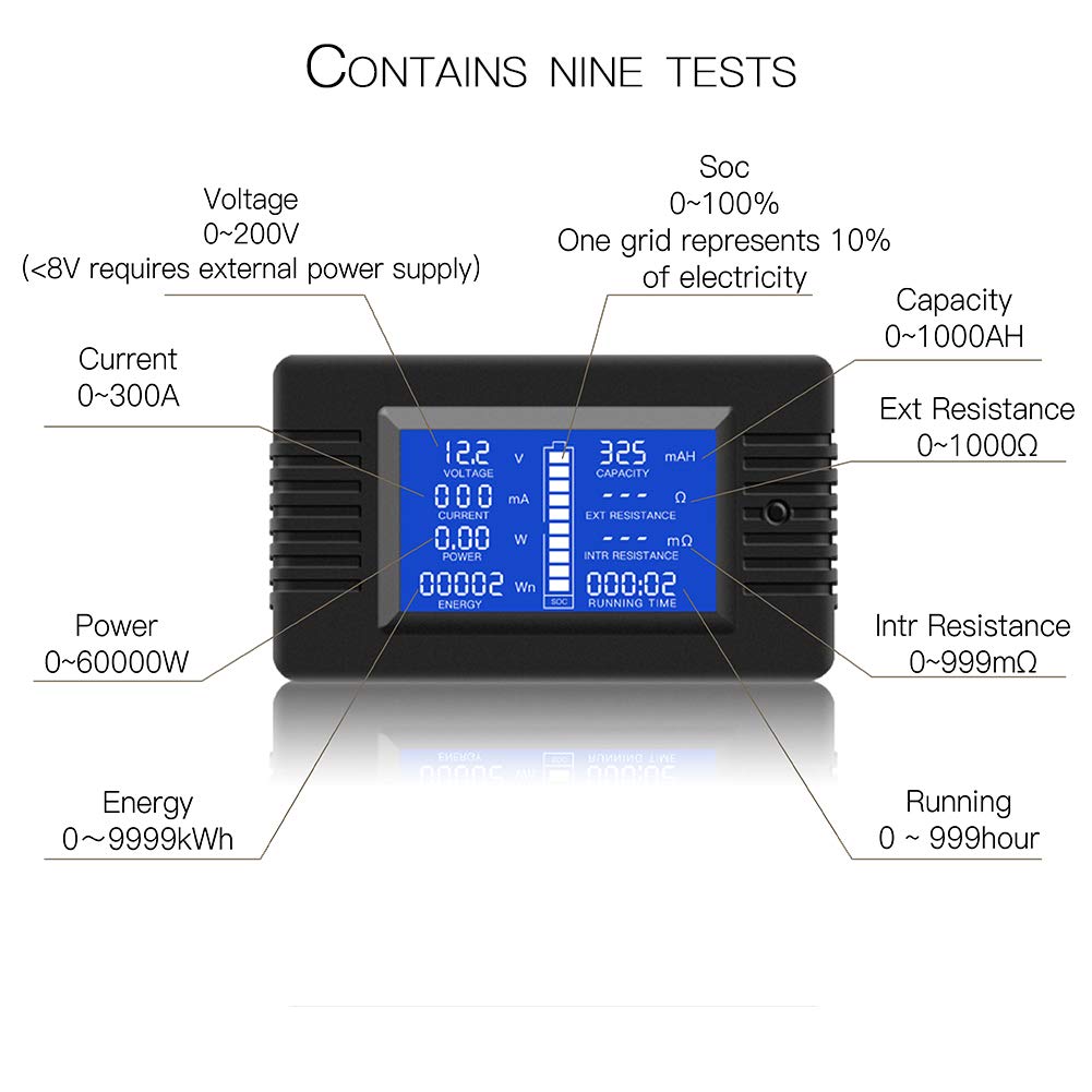 DC 0-200V 300A Battery Monitor with Shunt, 9-in-1 Digital LCD Multimeter | Multimeter for 12V/24V/48V Solar System