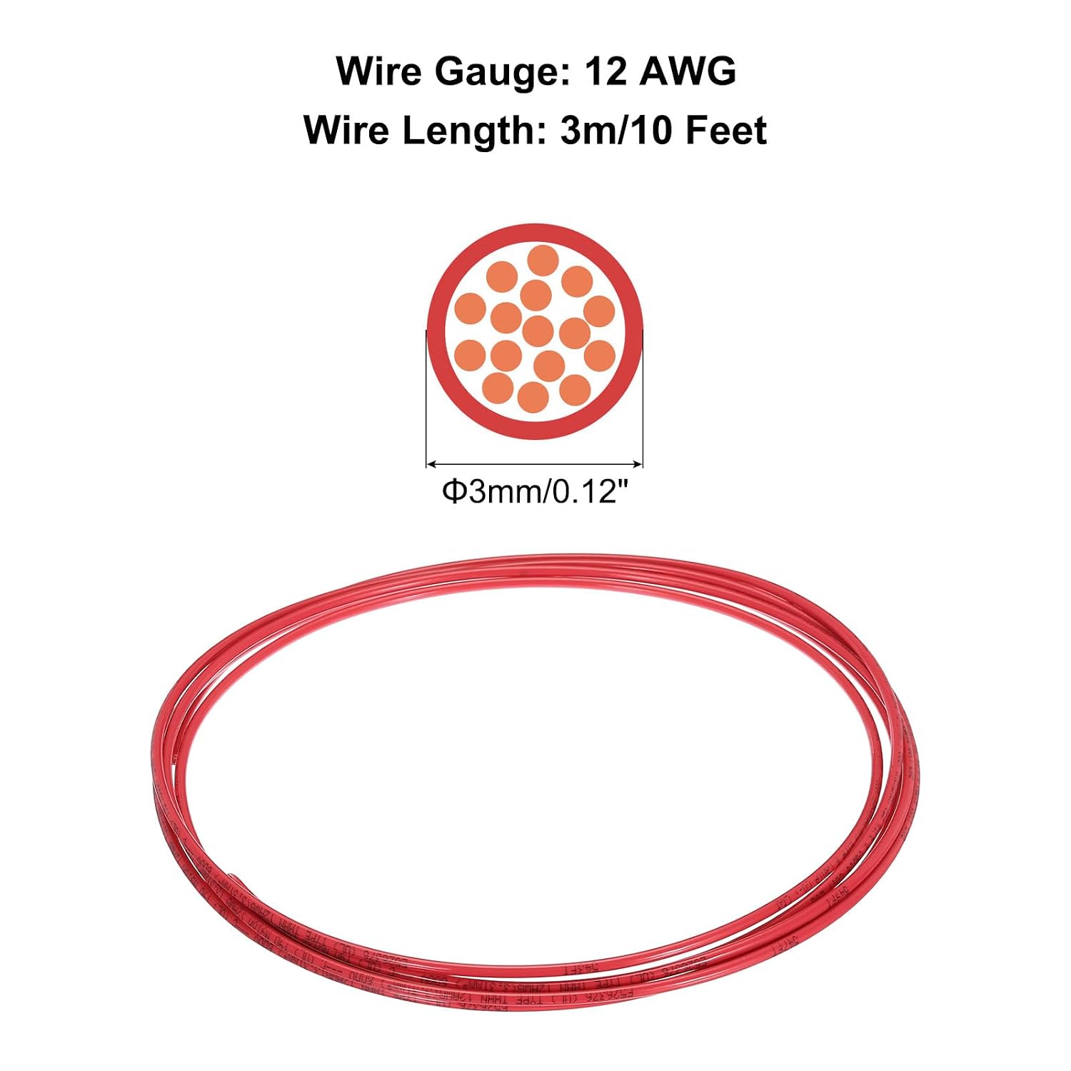 THHN Stranded Wire 10 Feet 12AWG Gauge Insulation Building Wire - UL Listed Copper Cable - PVC 600V Electrical Wire