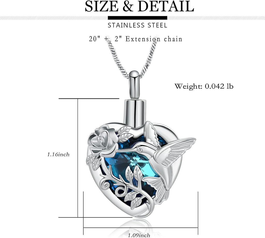 Hummingbird Cremation Jewelry Crystal Heart Urn Ashes Necklace for Women Men Memorial Keepsake Necklace of Loved One
