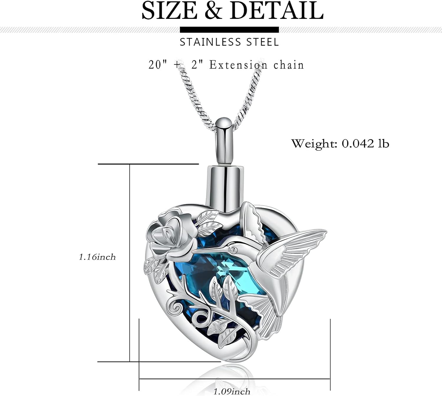 Hummingbird Cremation Jewelry Crystal Heart Urn Ashes Necklace for Women Men Memorial Keepsake Necklace of Loved One