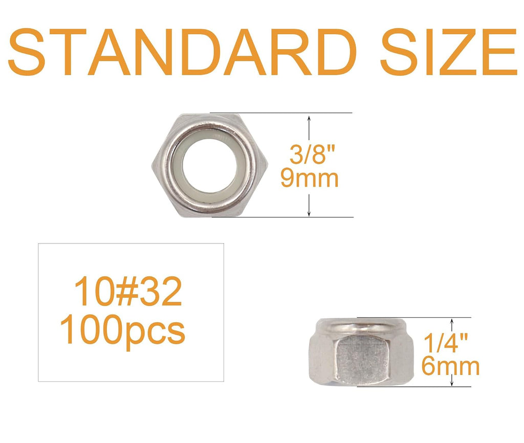 100pcs 10-32 Nylon Inserted Lock Nuts - 304 Stainless Steel, #10-32 Nylock Nuts for Furniture, Tools, Handle