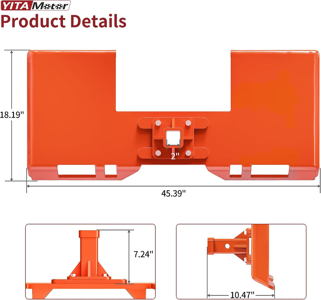 3/8" Skid Steer Mount Plate with 2" Removable Receiver, Orange | Heavy Duty 3/8" Steel Skid Steer Mount Plate with 2"