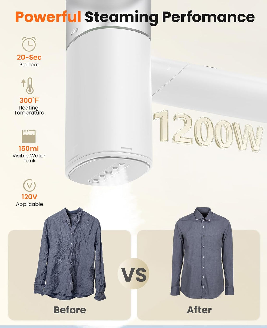Handheld Steamer for Clothes, 1200W Foldable Travel Steamer, 20 Sec Preheat Garments Wrinkle Remover, 120V Portable
