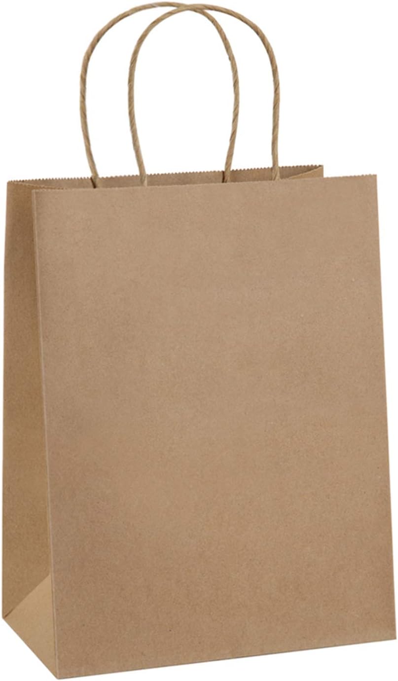 Gift Bags with Handles 8x4.25x10.5 Inch Brown 100 Pack Bulk
