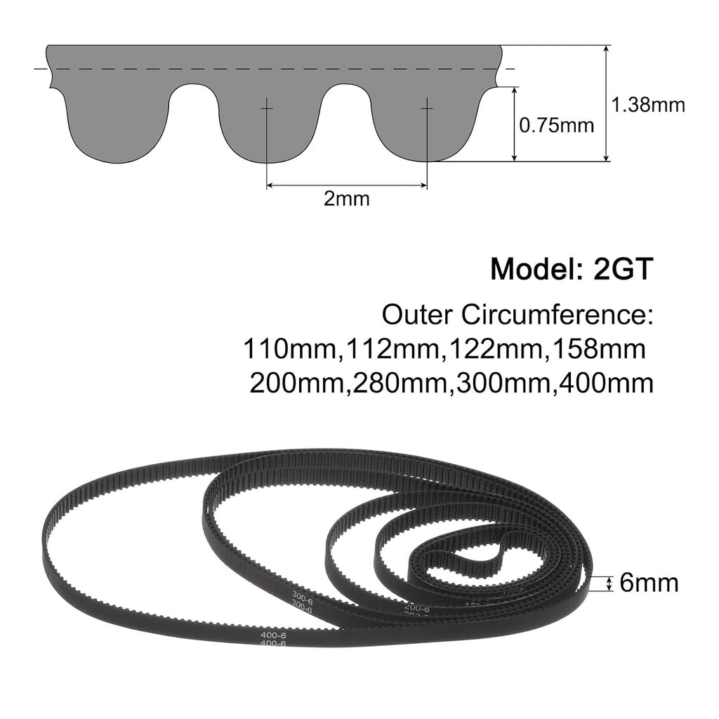 uxcell 8pcs 2GT Closed Loop Timing Belt Assorted Size 110mm 112mm 122mm 158mm 200mm 280mm 300mm 400mm Length, 6mm Width, 3D Printer Timing Belts