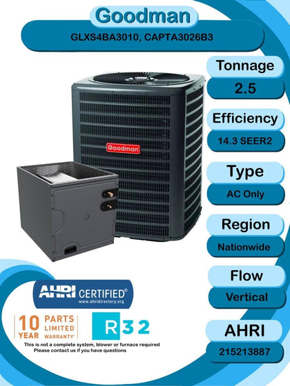 2.5 TON 14.3 SEER2 R-32 AC Only System with Vertical coil (GLXS4BA3010 condenser and CAPTA3026B3 coil)