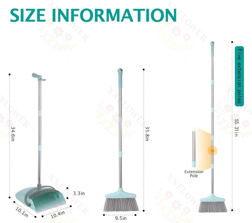 Broom and Dustpan Set with Cleaning Teeth, 55" Long Handle Indoor Sweeping Combo for Home Office Kitchen, Bluish Green