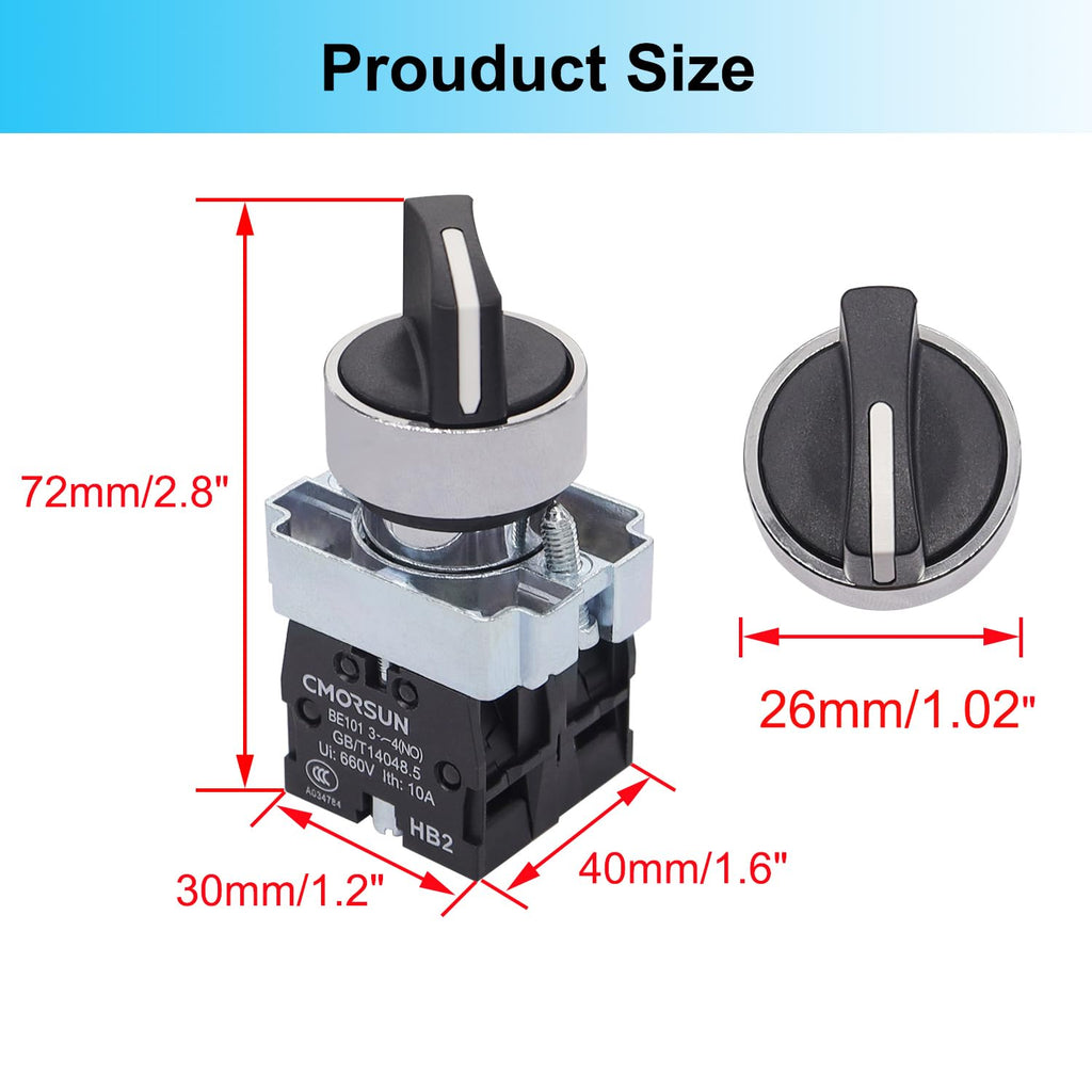 TWTADE 2 Pack 22mm 3 Position Maintained Selector Switch, 2NO 10A 440V Latching Rotary Switch, Metal Head Industrial Control Push Button Switch for Machine Control Panel HB2-BD33