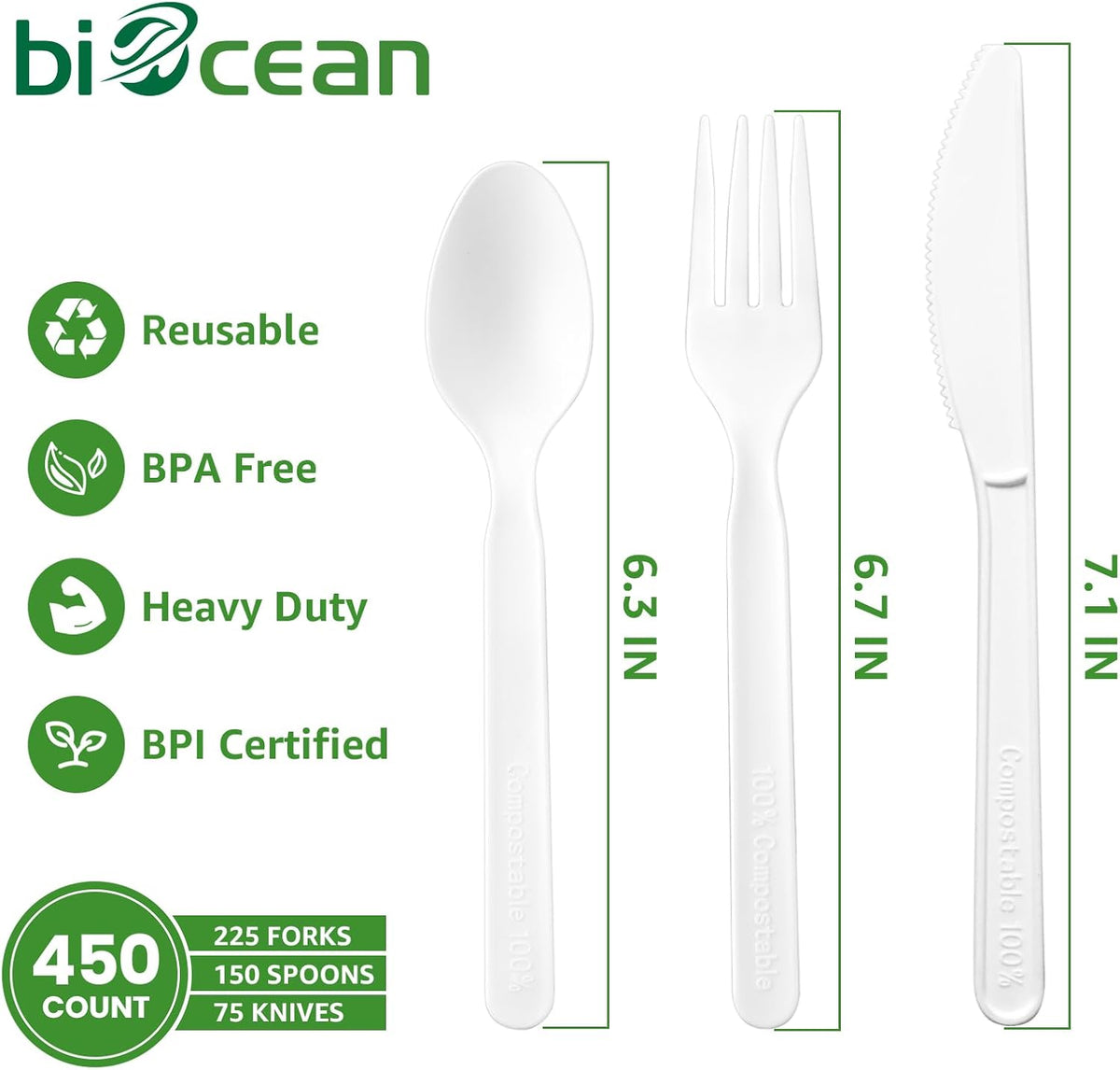 450 Counts Compostable Forks Spoons Knives Set Disposable Forks Utensils Heavy Duty Silverware Eco Friendly Flatware