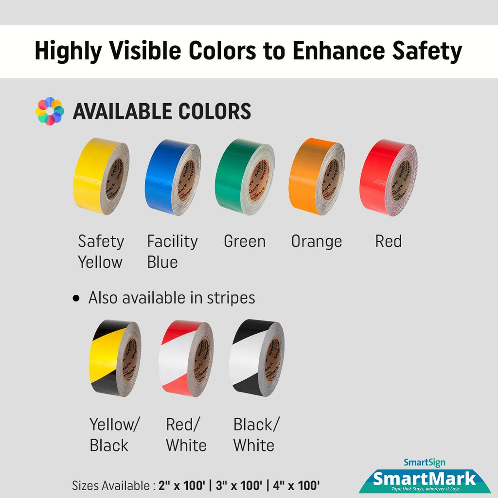 Yellow Floor Marking Tape, 4" Wide x 100' Long Roll, Durable Polyester, Laminated Protection - Non-Abrasive, Adhesive