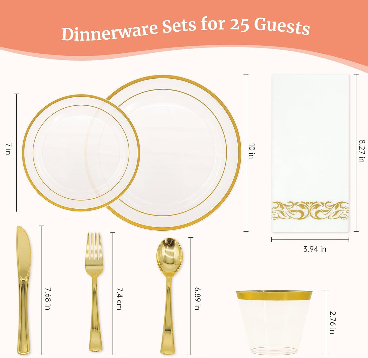 Gold Pink Plastic Plates Set, 175PCS Disposable Tableware for 25