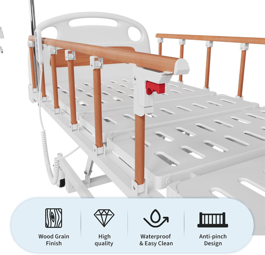 Electric Hospital Bed, 3 Function Medical Bed with Remote Control, Included IV Pole, 4" Foam Mattress & Locking