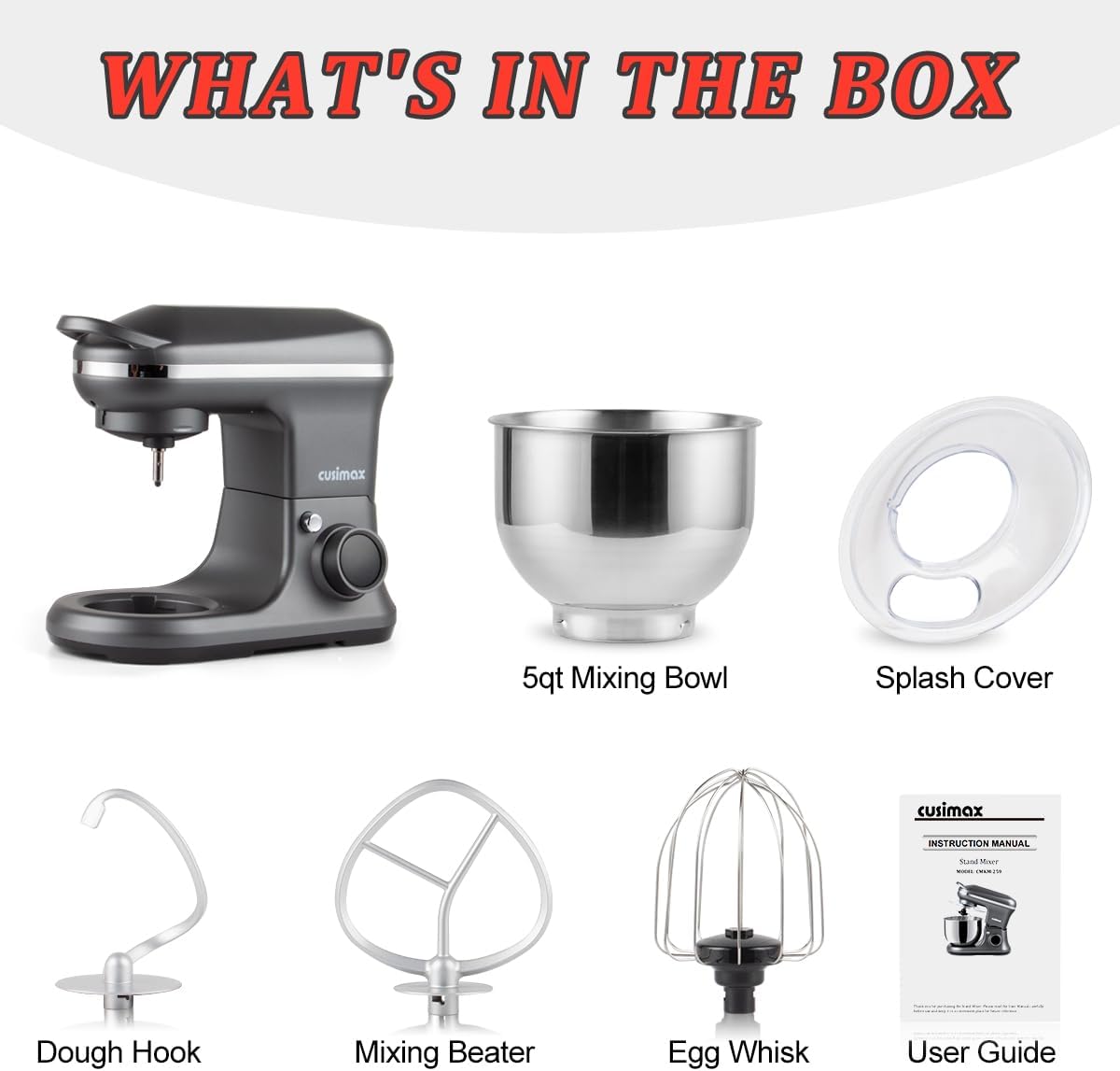 Stand Mixer with Digital Switch Control, 5-Quart, 650W, Grey | Adjustable Timer 15mins & 8 Speeds, kitchen Electric