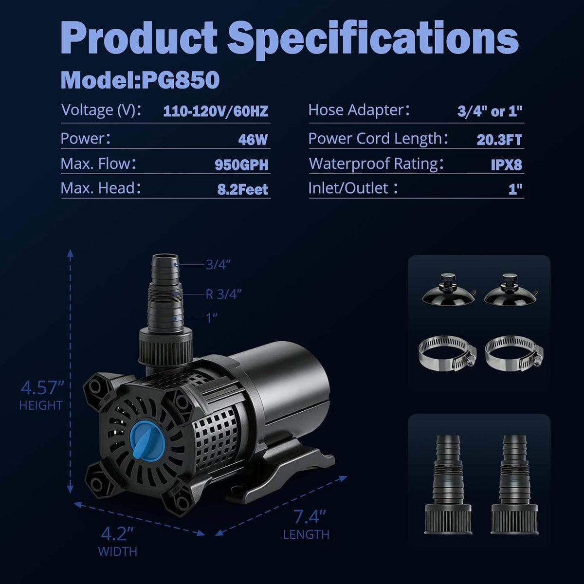 Pond Pump Set, 850GPH Adjustable Submersible Pump for Fountains & Waterfalls, 46W Motor, 2 Install Options, 20.3ft