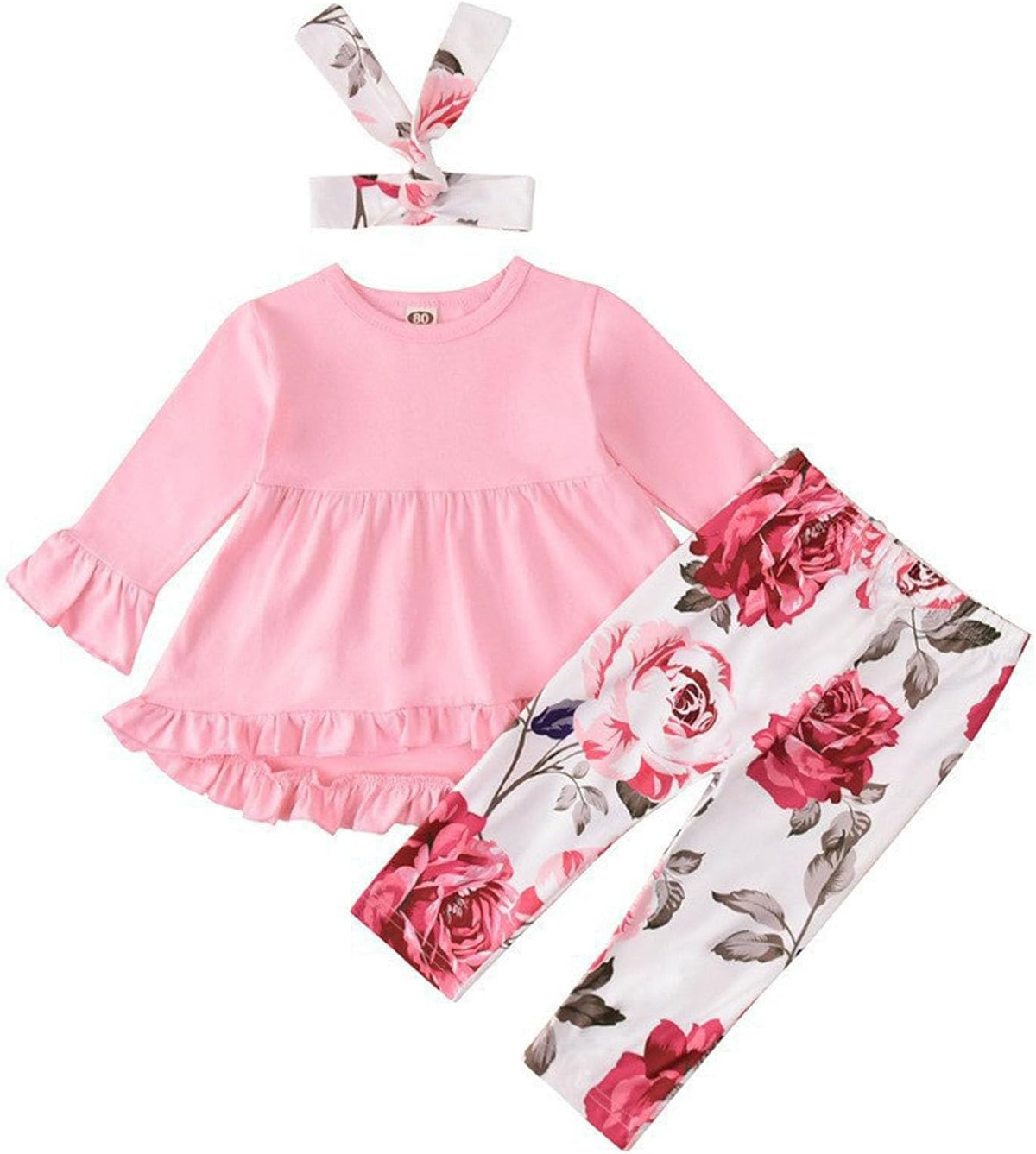 Baby Girl Pink Ruffle Tunic Top and Floral Bell Bottom Pants Set with