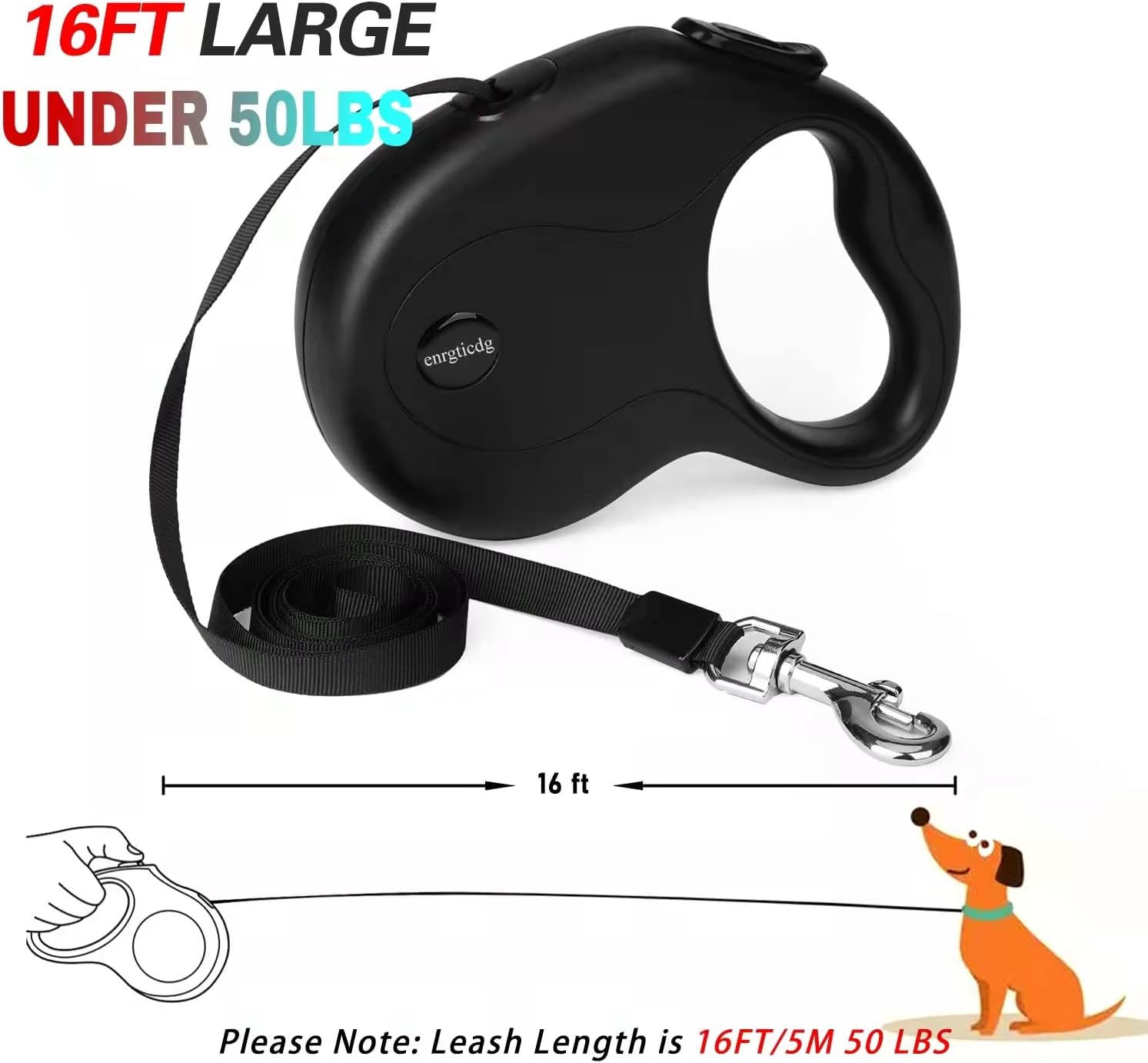 16Ft Retractable Dog Leash,Light Weight Leash for Small to Medium Dogs/Cats Up to 50lbs,Stainless Steel Spring Strong