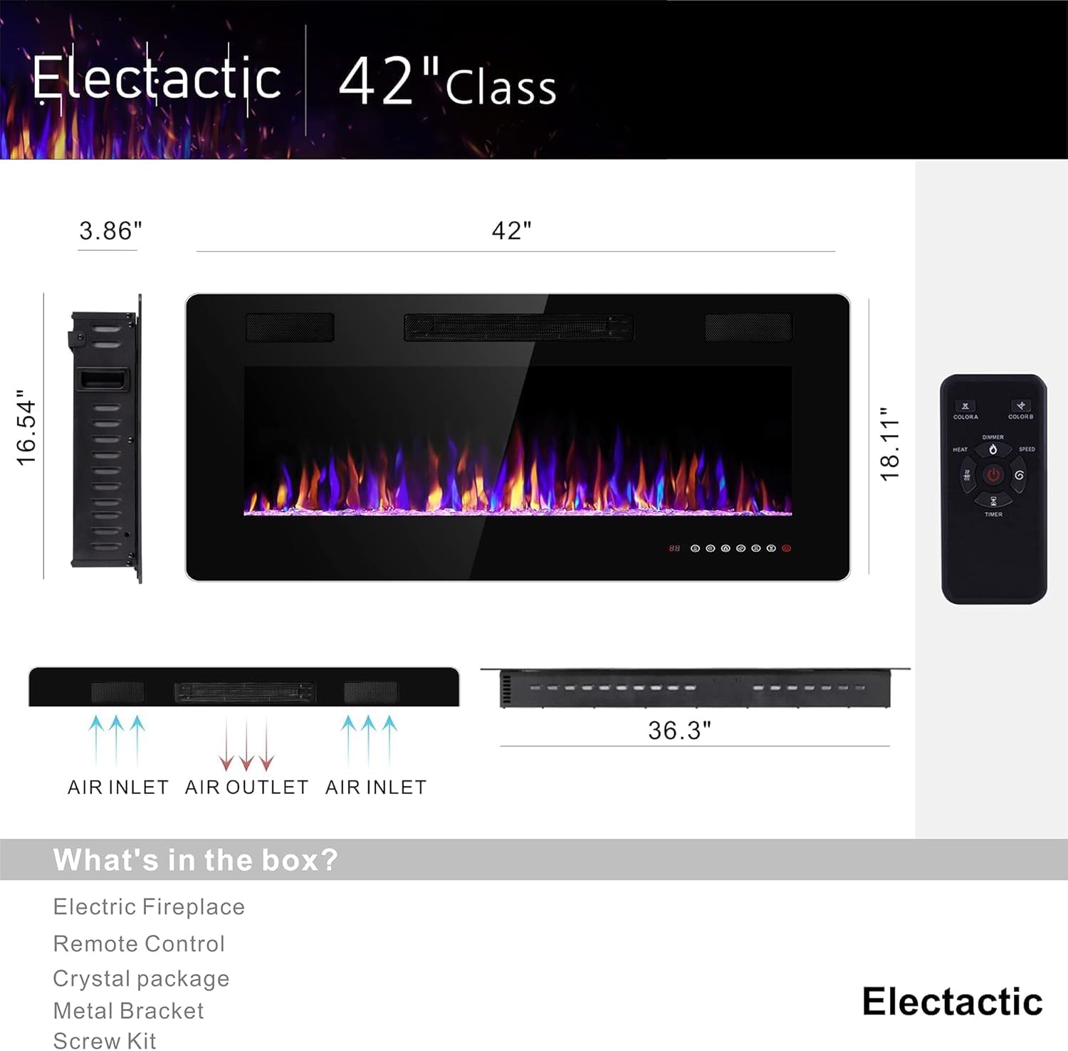 42 Inch Electric Fireplace Insert Ultra-Thin - Recessed & Wall-Mounted Fireplace Heater with Thermostat, Adjustable