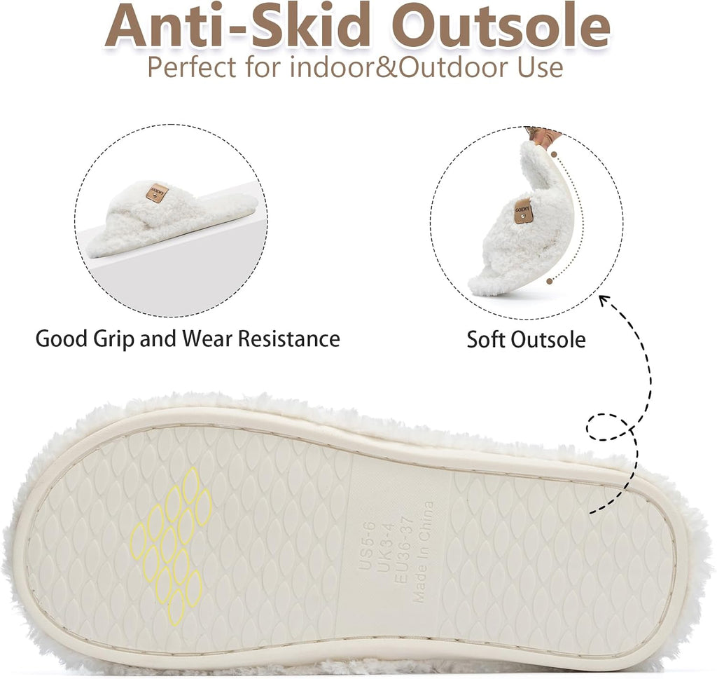 Fuzzy Open Toe Slippers for Women Cozy Memory Foam House Shoes Indoor | Cute Cross Band,Soft Faux Fur,Anti-slip Sole