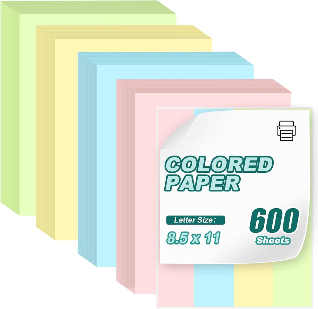 600 Sheets Colored Copy Paper 8.5" x 11", Colored Printer Paper 80GSM Thick