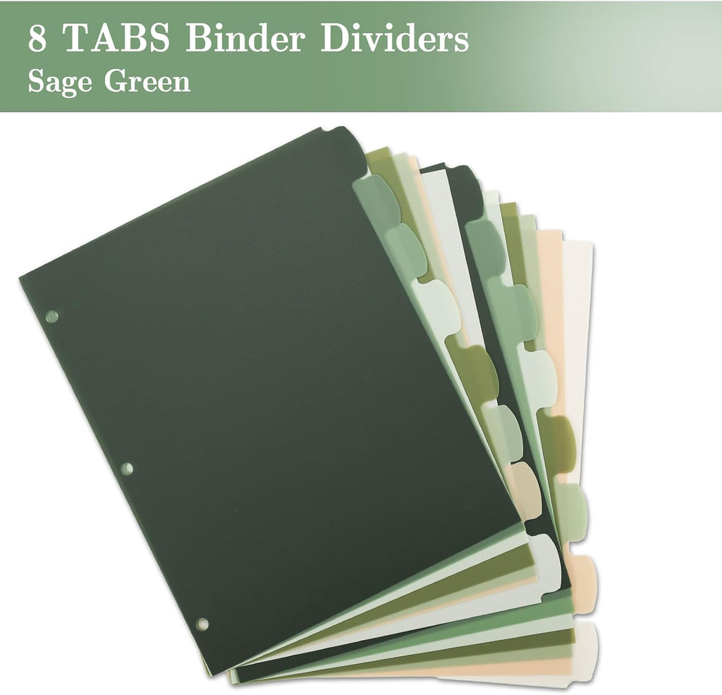 16Pcs/2Set Sage Green 3 Ring Binder Dividers, Colored Index Divider | Gradient Green Colorful, Plastic Page Folder