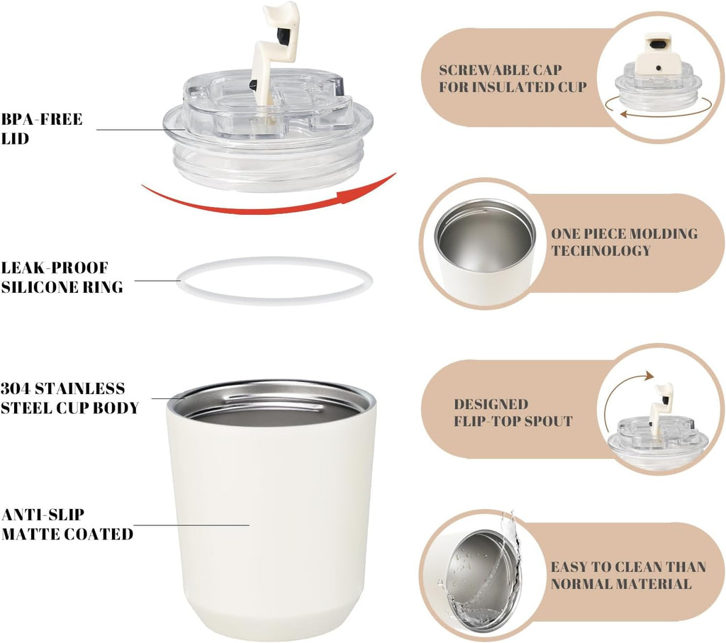Insulated Tumblers with Lid, 10 oz Travel Coffee Mug Stainless Steel Vacuum Cup, Leak Proof Reusable Double Walled